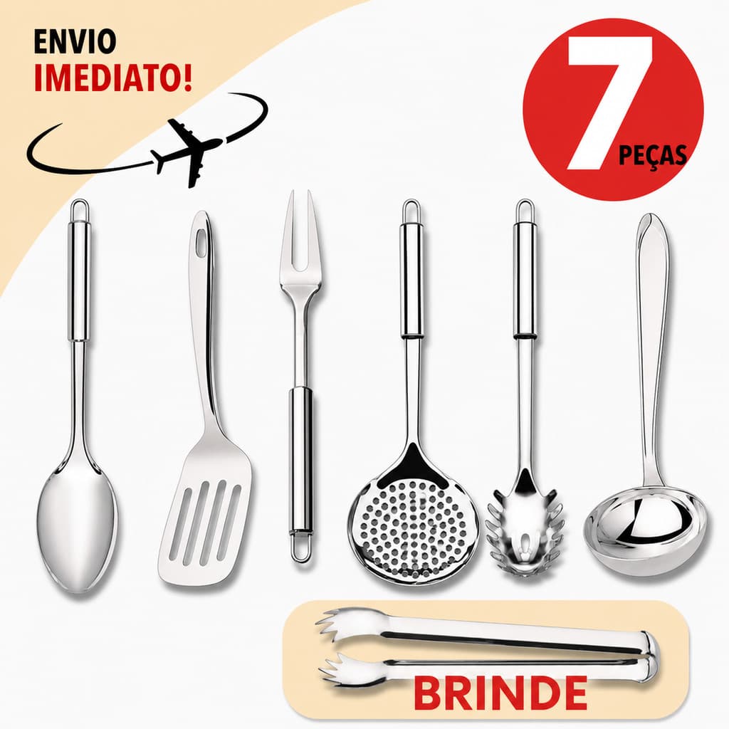 Utensílios Cozinha Inox 7 Peças Concha Escumadeira Pegador Garfo Colher Arroz * Envio Imediato *