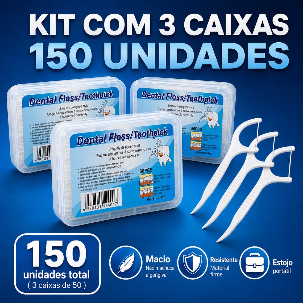 Fio Dental Com Haste Kit 150 Unidades (3 Caixas) Extra Resistente Não Desfia PalitoA
