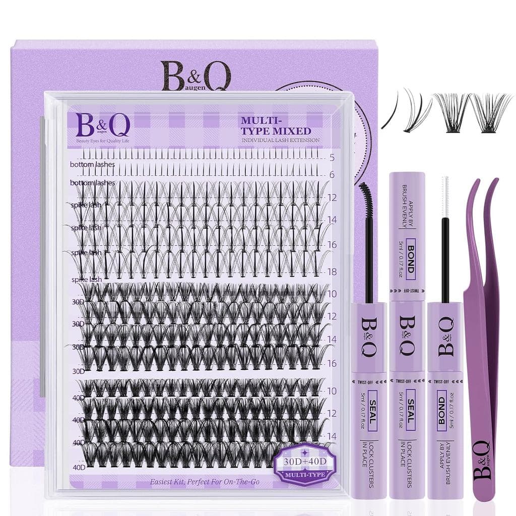 Kit de Extensão de Cílios B&Q com Espigões, Kit de Cílios em Cluster 30D+40D com Espigões, Kit de Extensão de Cílios Mis
