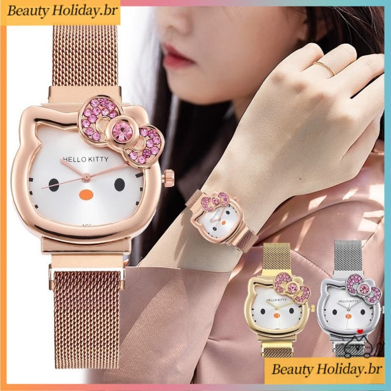 Relógio Hello Kitty Metal Vintage Diamante Quartzo Meninas Cinta Magnética De Aço Inoxidável