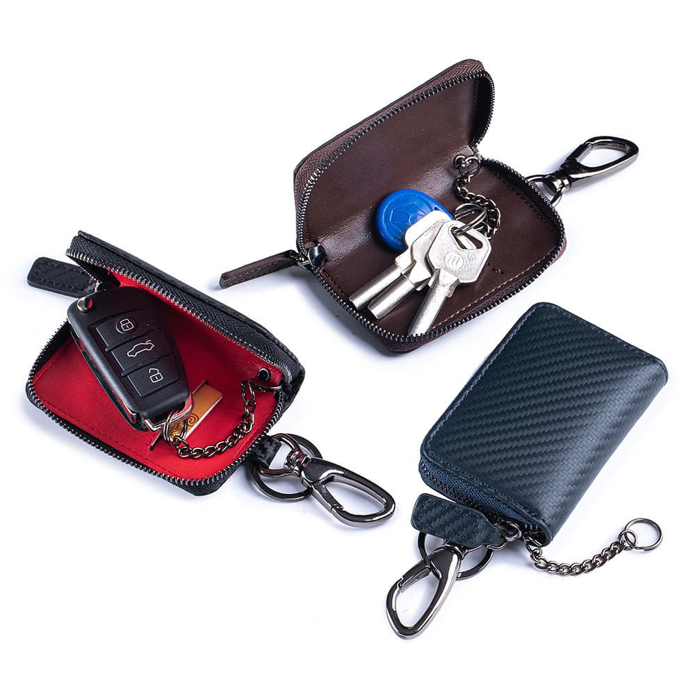 Novo estilo de couro genuíno masculino fibra carbono caso chave do carro portátil cintura zíper multifuncional caso chav