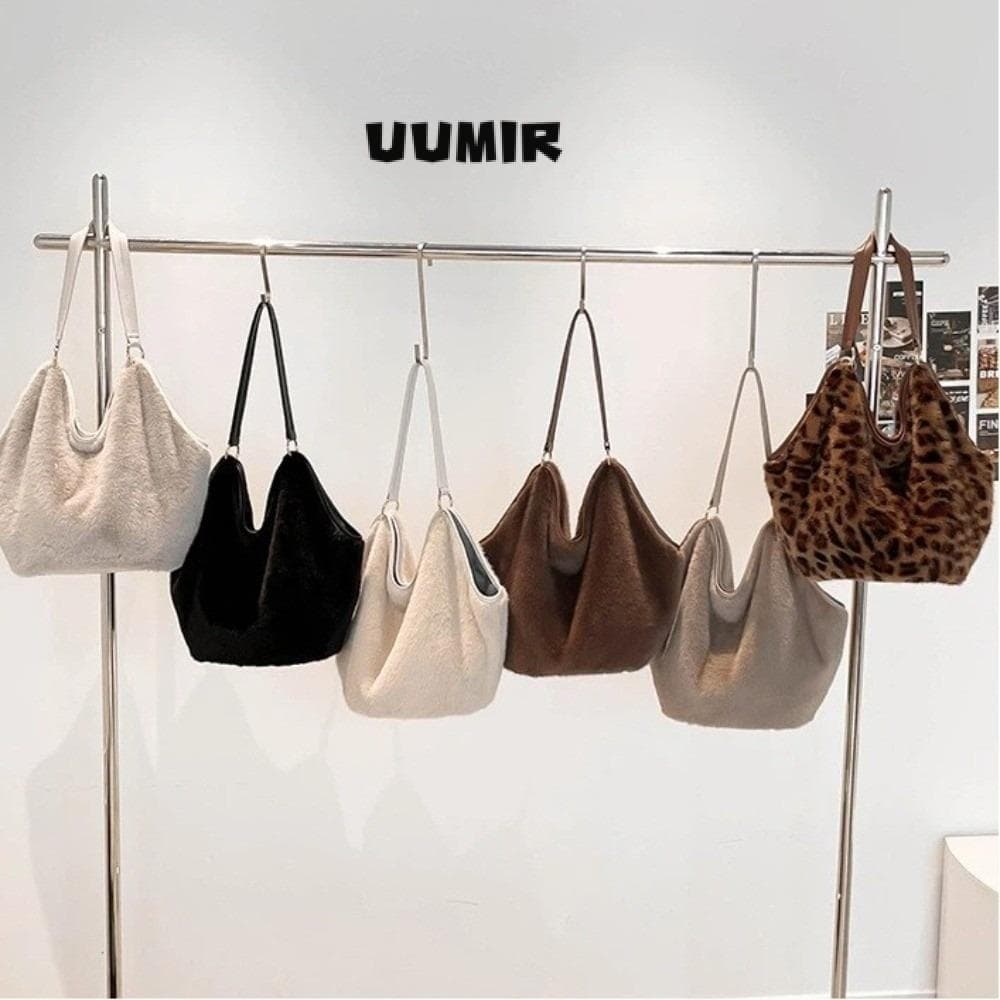 UUMIR Bolsas De Ombro De Pelúcia , Sacolas Leves De Leopardo , Moda Cor Sólida Grande Capacidade Femininas