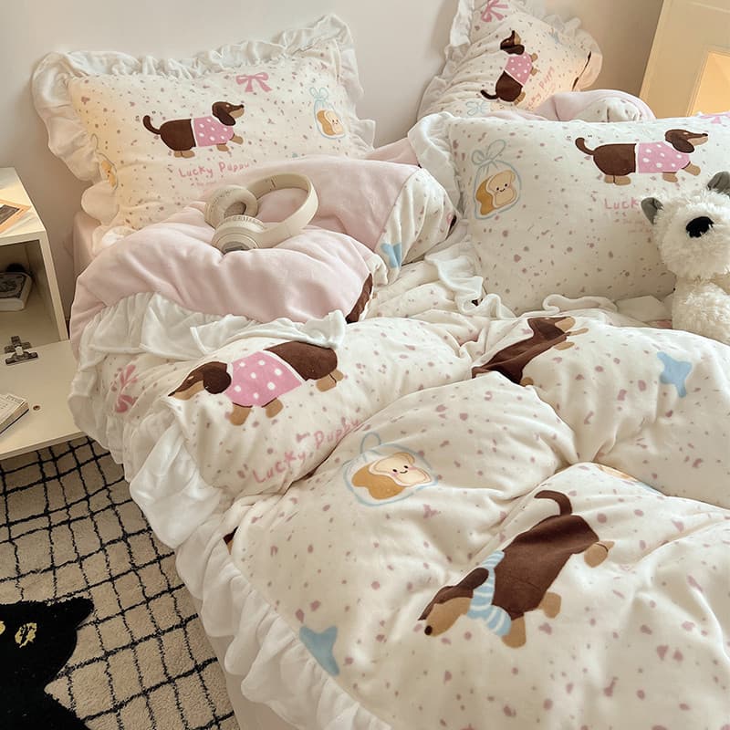 Ins inverno engrossado leite veludo cama conjunto de quatro peças bonito renda Coral veludo colcha capa mais veludo folh
