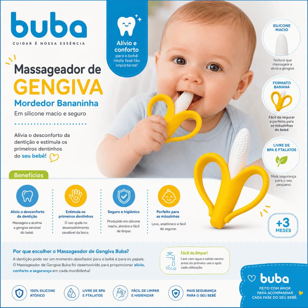 Massageador De Gengiva Buba Banana Mordedor Bebê Bananinha Infantil Silicone Dentinho Bebe