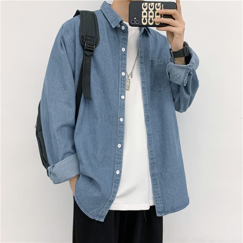 Camisa jeans masculina de manga comprida camisa geral solta jaqueta Casual japonesa