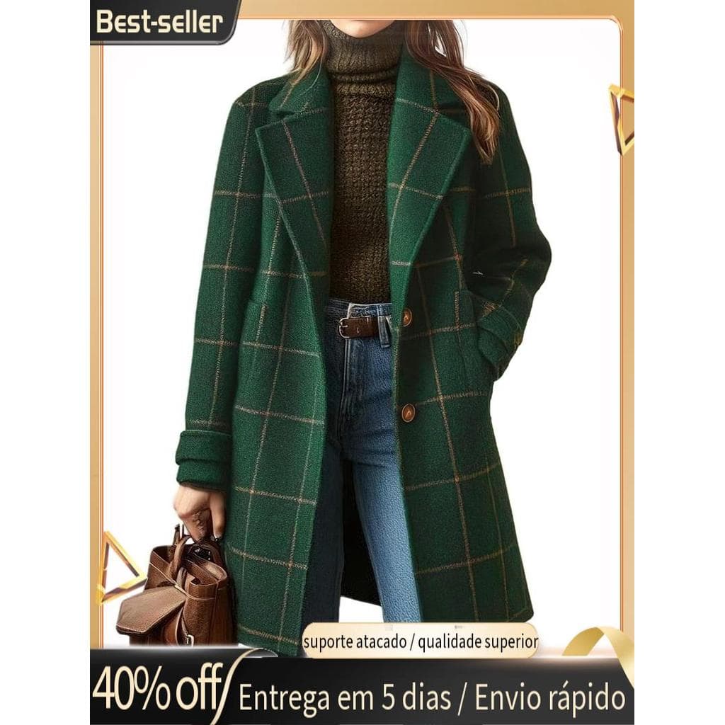 Inverno Feminino Gola Entalhada Xadrez Lã Trench Coat Botão Para Baixo Meados Longo Casaco Outerwear Verde Escuro S