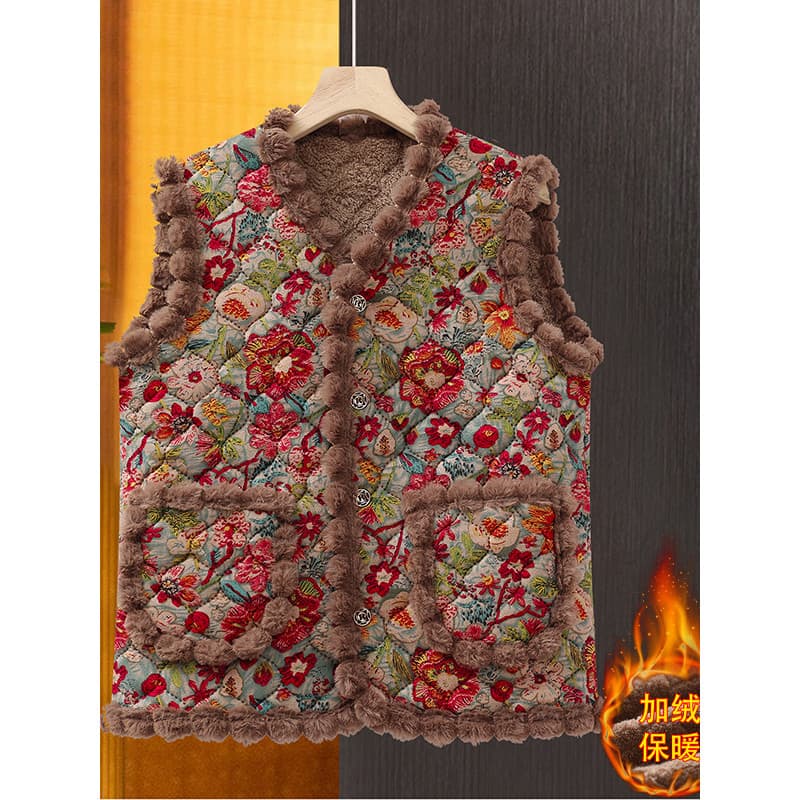 Roupas femininas idosas de meia-idade Roupas da mãe 50-60 Colete Floral estilo ocidental mais espessamento de veludo out