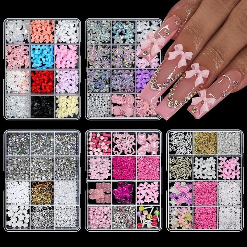 12 Grades De Resina Prego Bowknot Urso Arte Encantos Bowknots Coração Flor DIY Decoração Pirulito 3D Manicure Ferramenta