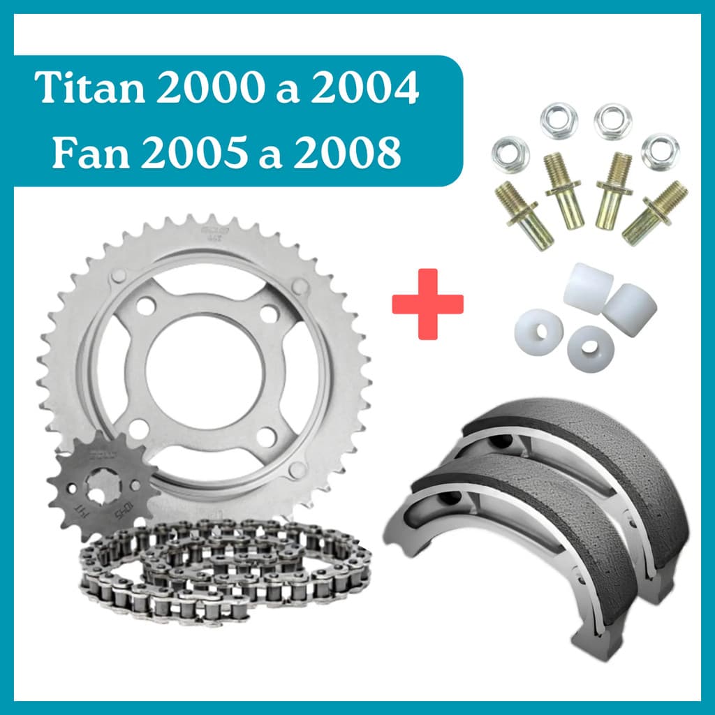 Kit Relação Transmissão Completo CG Titan 125 2000 até  2004 FAN 125 2004 até 2008 + Parafusos + Buchas Nylon + Patins