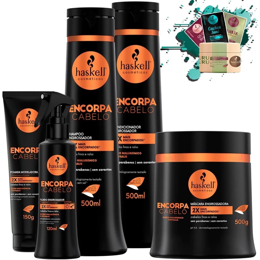 Shampoo Condicionador 500ml e Máscara 500gr Fluido 120ml e Pomada modeladora Encorpa Cabelo Haskell