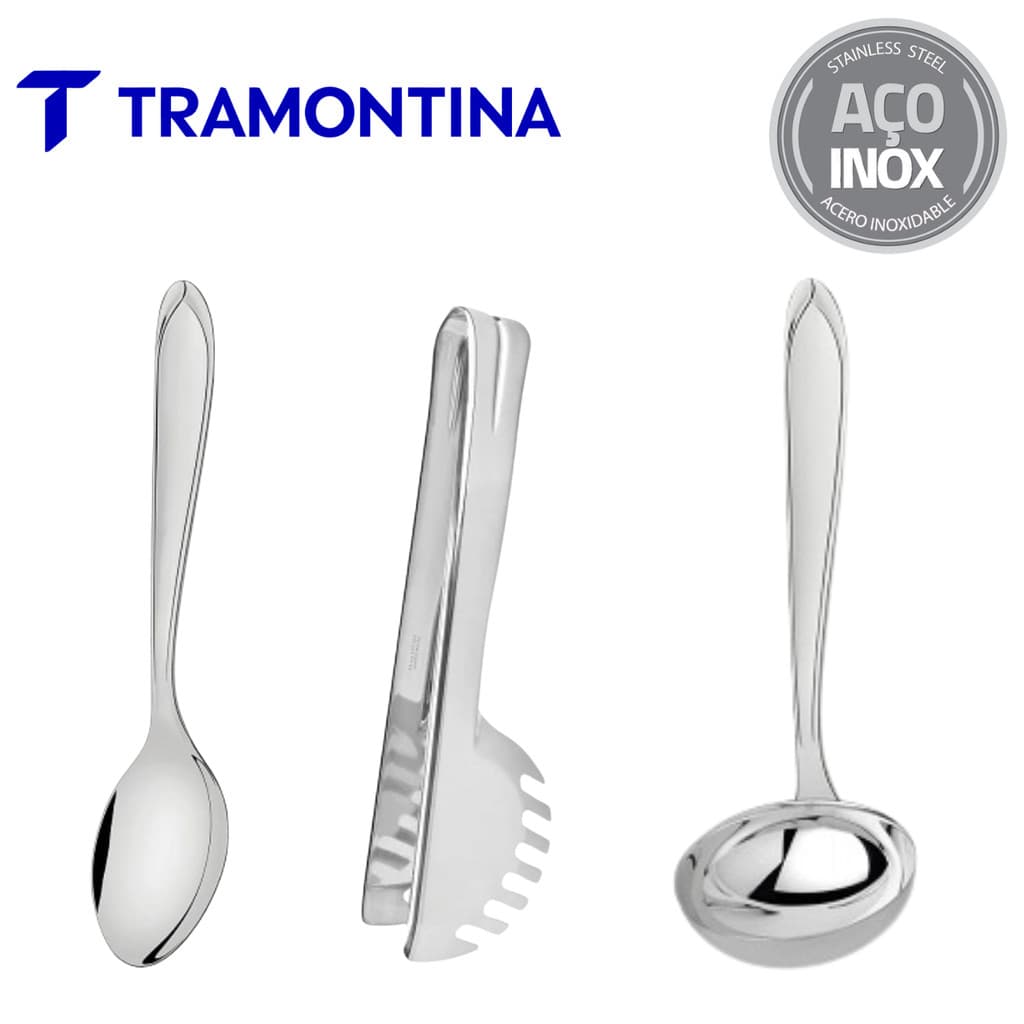 Kit Utensílios Tramontina Laguna 3 Peças Inox Pegador Massa Colher Arroz Concha