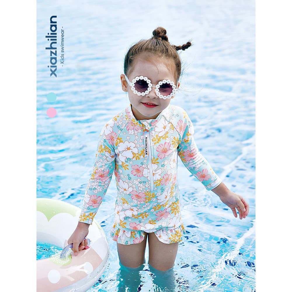 Versão coreana meninas flor maiô médio pequeno crianças maiô de uma peça bonito bebê princesa manga comprida praia prote