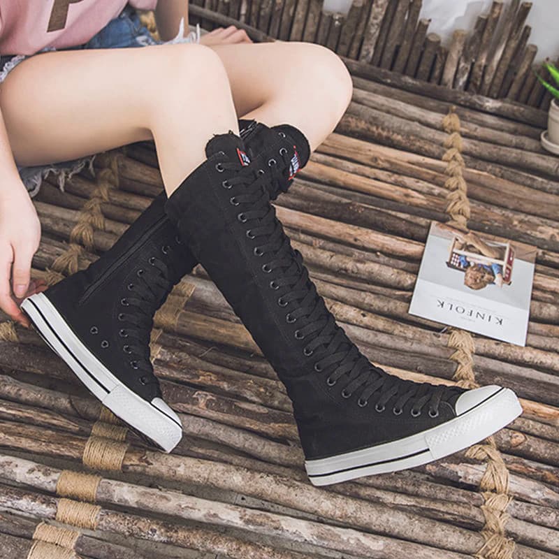 Tênis Femininos Casuais de Cano Alto em Lona com Cadarço e Zíper, Botas Vulcanizadas Confortáveis de Cano Baixo JAEQ