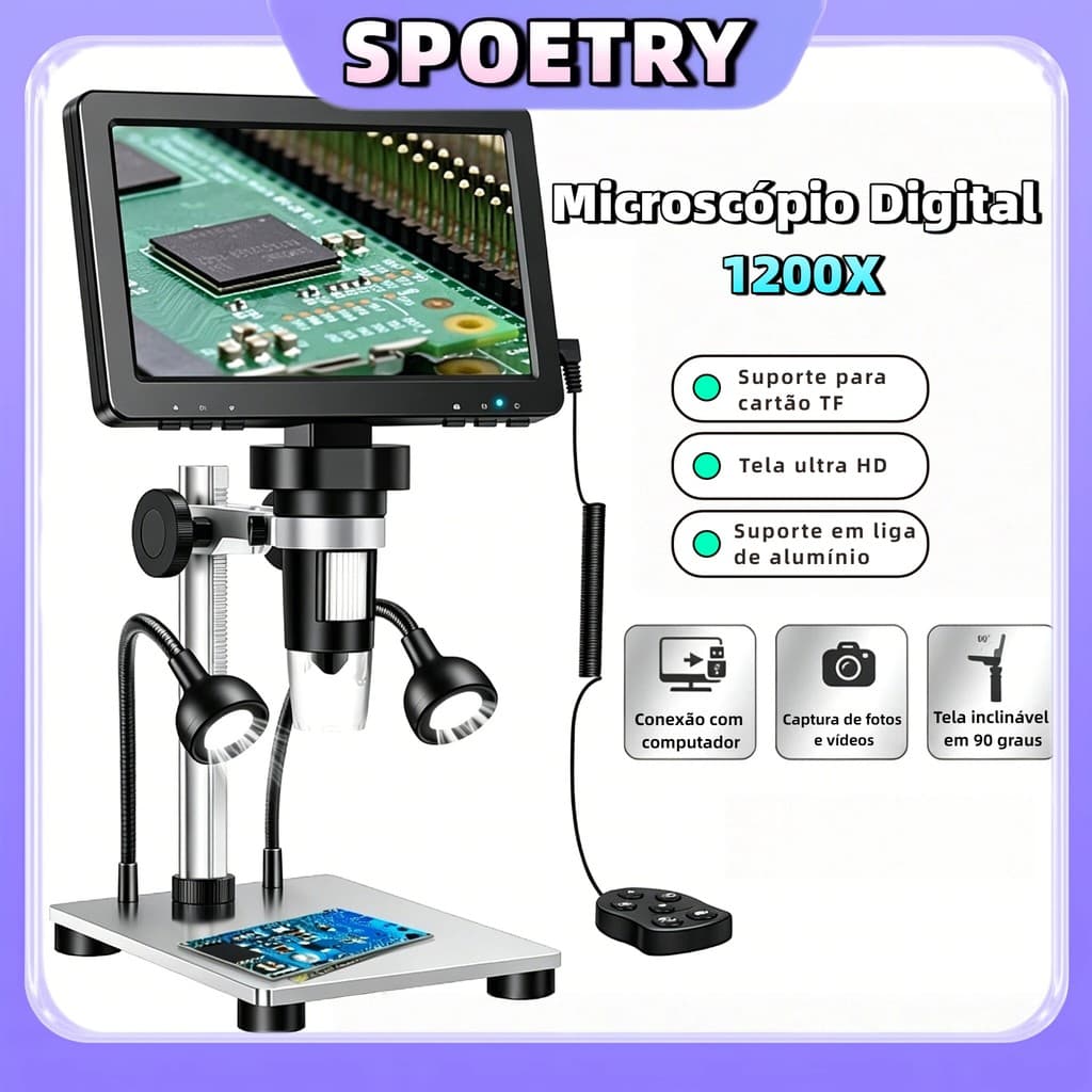Microscópio Digital 1200X Full Hd 1080P para Vídeo Lupa Microscópio Com Fio Tela LCD De 7 Polegadas