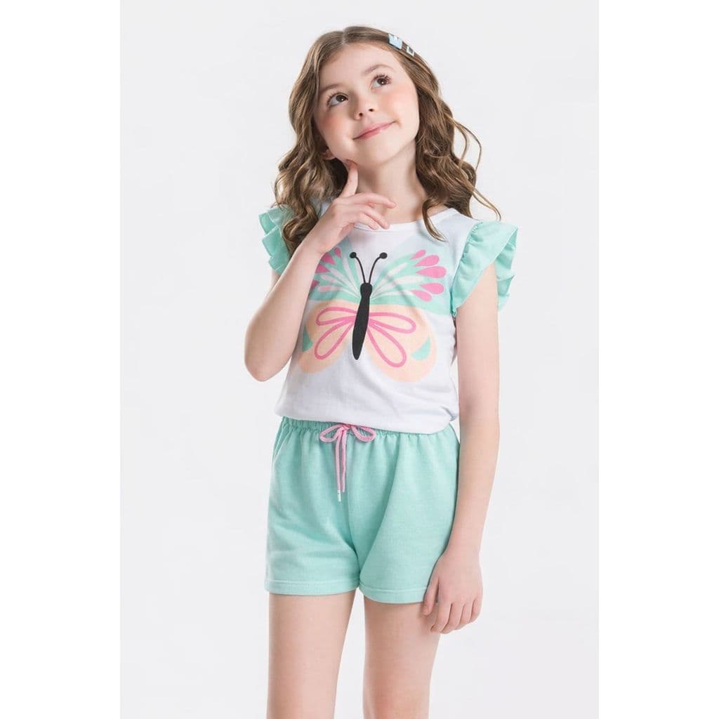 Conjunto Infantil Verão Feminino com Manga Babado Butterfly - VERDE
