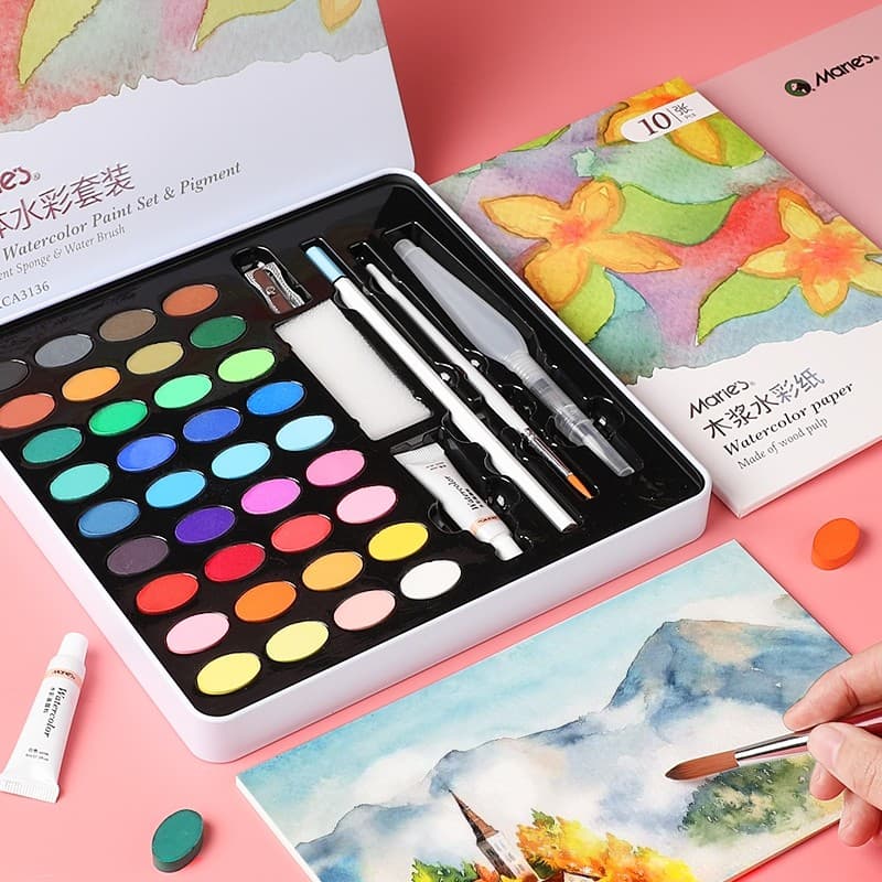Conjunto de tinta aquarela sólida Mary 24 cores 48 cores 36 cores Alunos iniciantes usam arte pintada à mão Caixa de pin