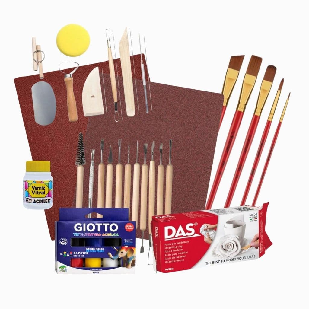 Kit Massa DAS 500g Estecas Metal Tintas Verniz e Pincéis