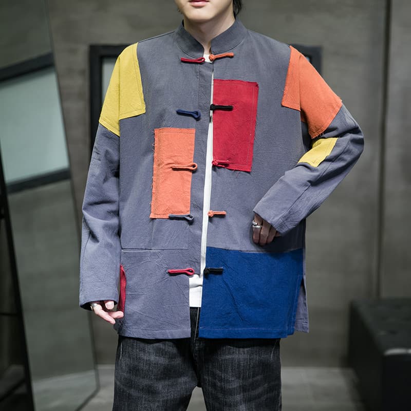 Estilo chinês roupas masculinas contraste cor remendo mendigo camisa de linho algodão linho jaqueta de manga comprida es