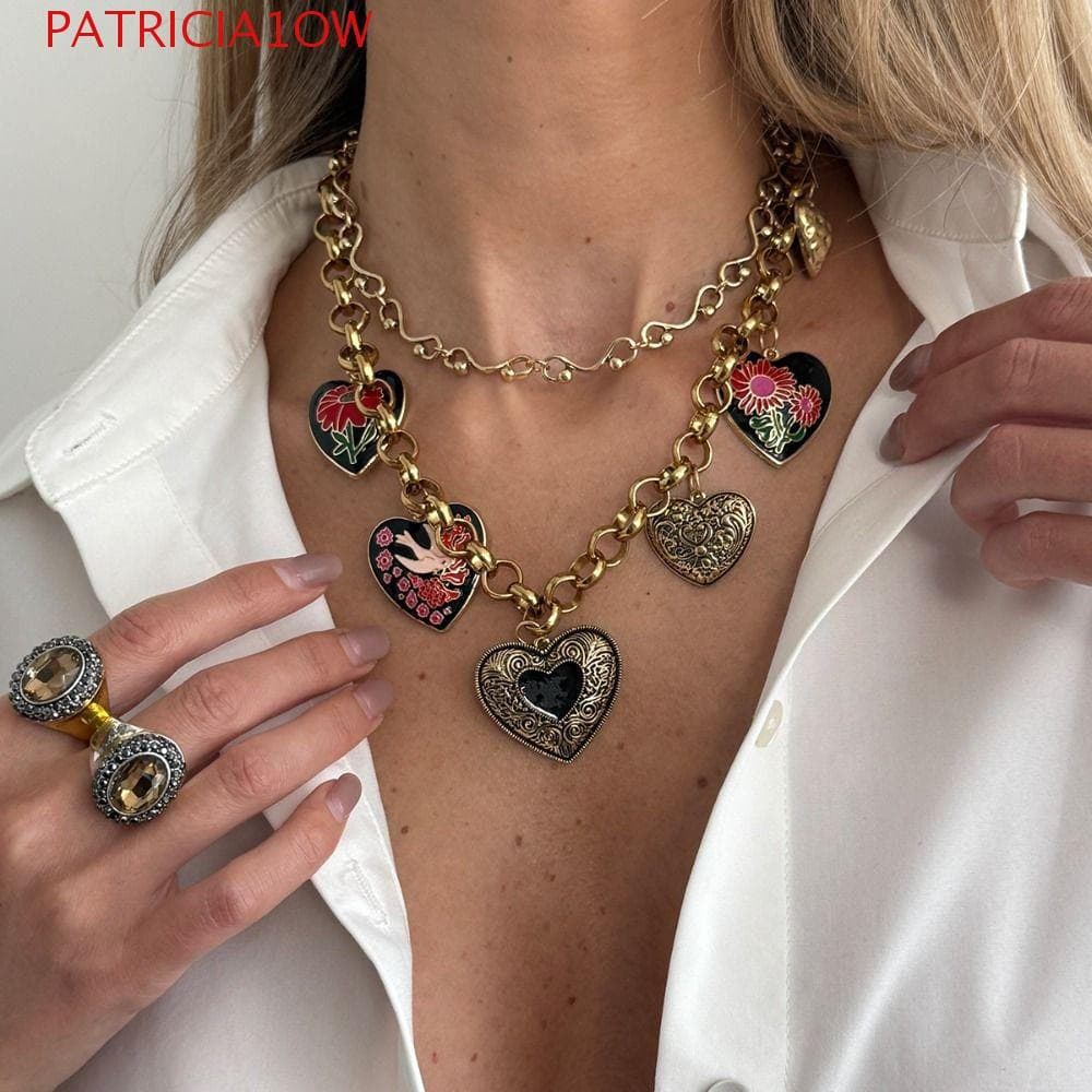 PATRICIA1OW Colar Esmaltado , Com Pingente De Coração Floral Dourado , Gargantilha Multicamadas Personalizada Vintage