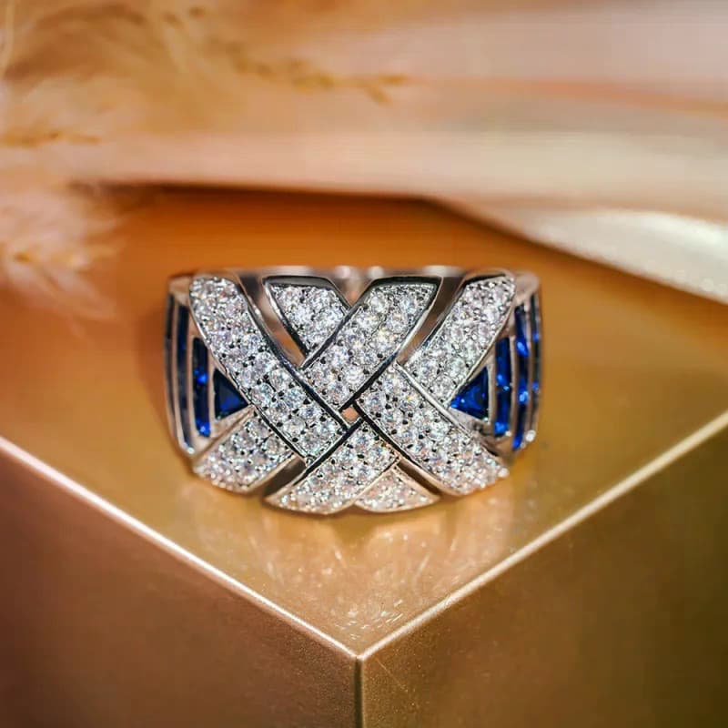 Novo Design De Cruz Larga 925 Anéis De Prata Esterlina Com Zircônia Cúbica Branca/Azul Na Moda Luxo Aliança De Casamento
