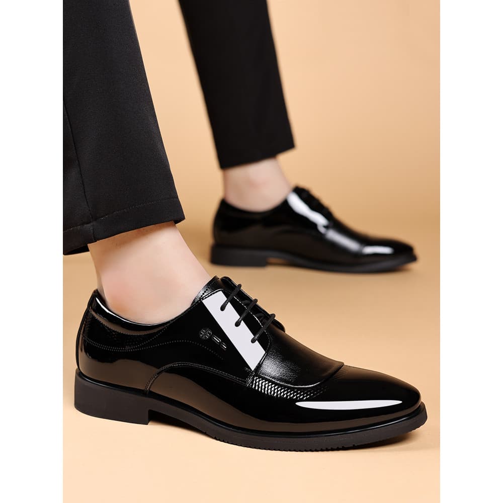 Sapatos de couro formais de negócios masculinos couro genuíno couro envernizado brilhante dedo do pé redondo sola grossa