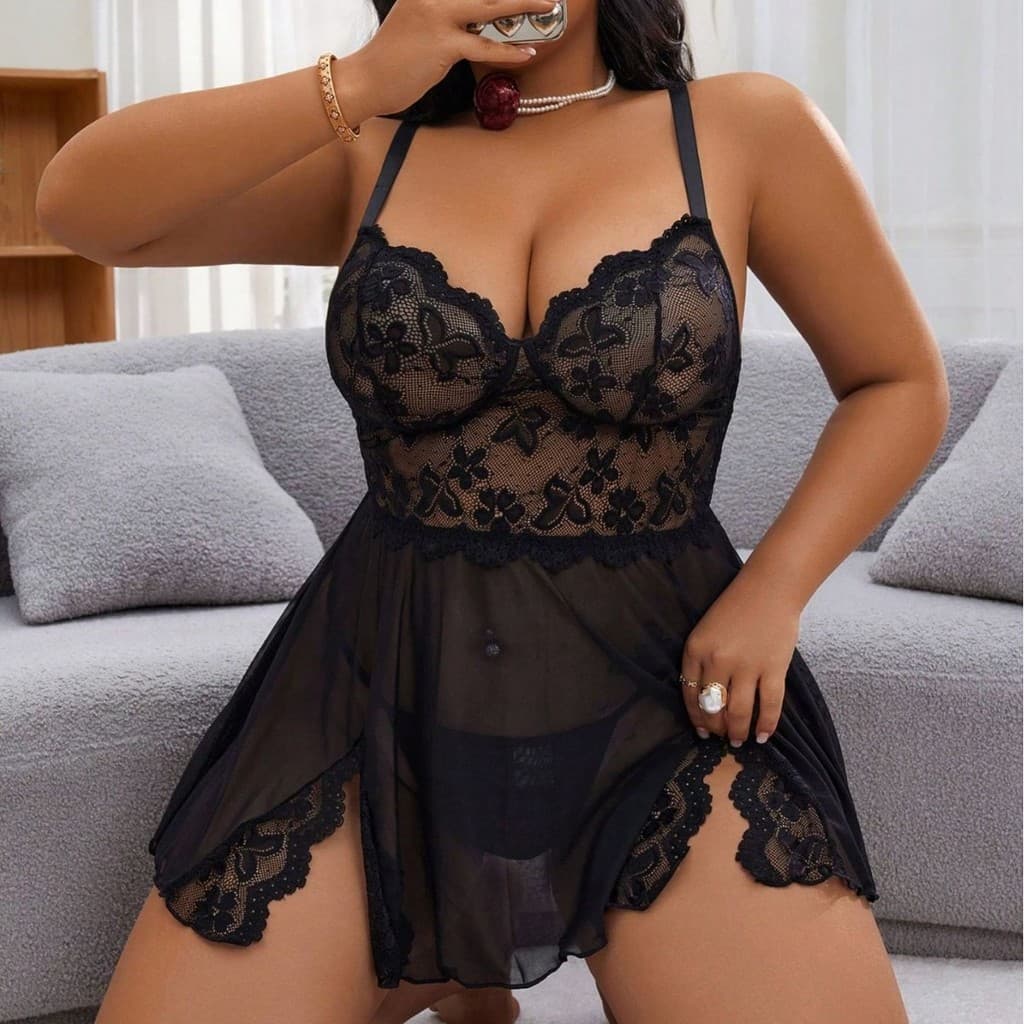 Camisola Modeladora Plus Size de Malha Transparente com Renda para Mulheres, Confortável para Uso Doméstico Noite