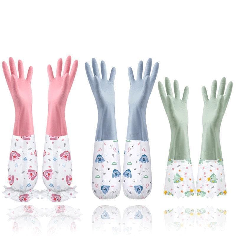 Luvas de plástico para trabalho doméstico, à prova d'água, lã, lavagem de louça, mangas justas femininas longas @-