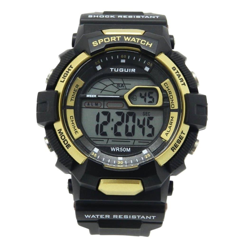 Relógio Masculino Tuguir Digital TG30452 Preto e Dourado (Resistente à água 5ATM, Esportivo, Despertador, Cronômetro)