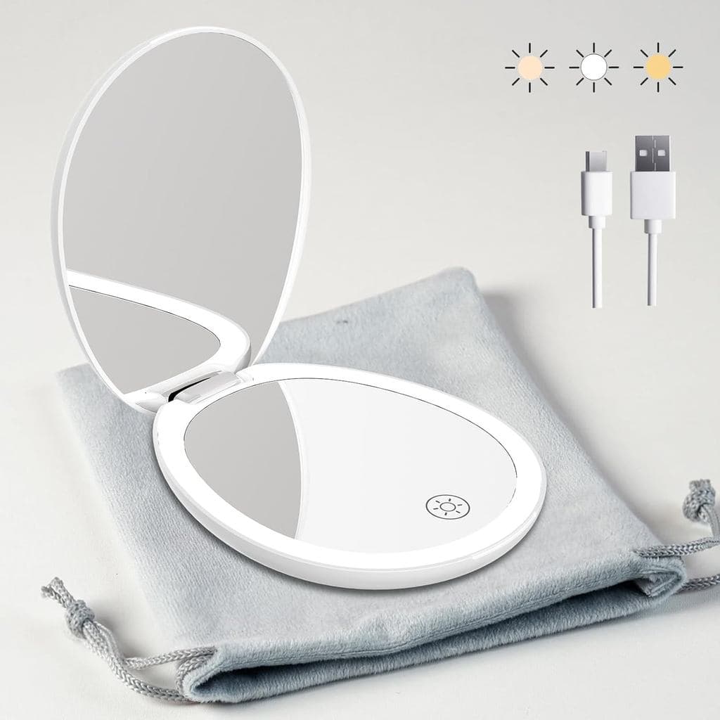 Espelho de Maquiagem Portátil Funtoouch com Luz - LED Compacto, Ampliador, Dupla Face, 3 Cores de Luz, Espelho Cosmético