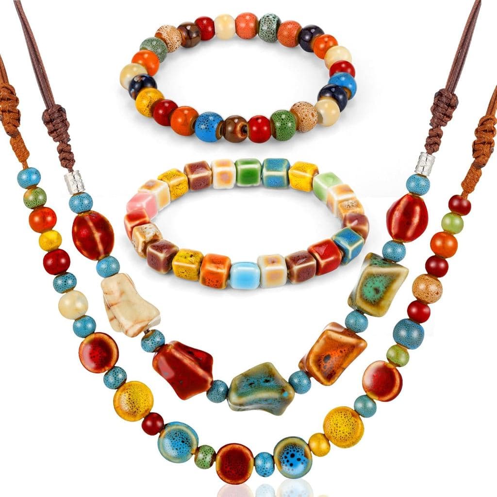 Landical 4 Peças de Colares e Pulseiras Boho com Contas para Mulheres, Joias Boêmias Hippie, Colar Longo de Cerâmica com