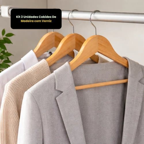 Kit 3 Cabides Madeira Resistentes Verniz Acabamento Classico Organização Roupa