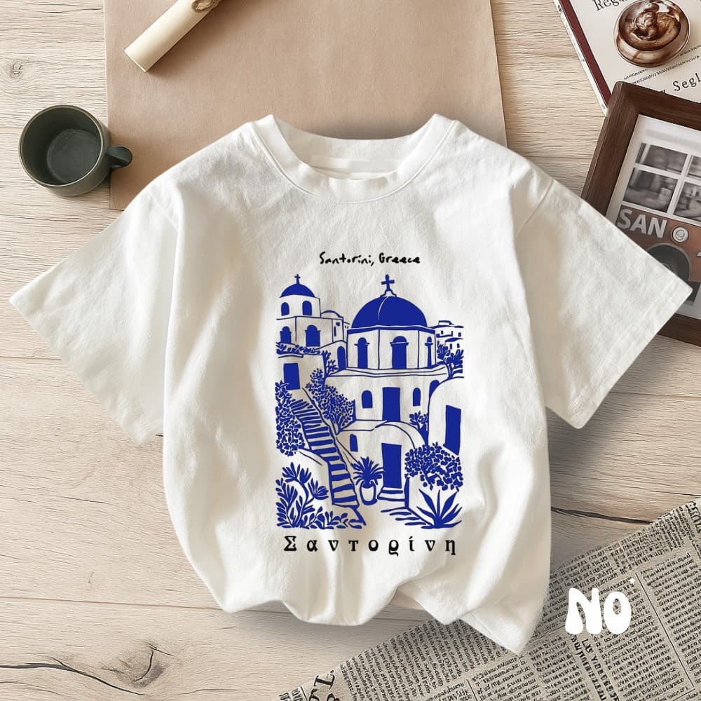 Camiseta Feminina Santorini Grécia Estampa Arquitetura Mediterrânea Azul Minimalista  Algodão 100%