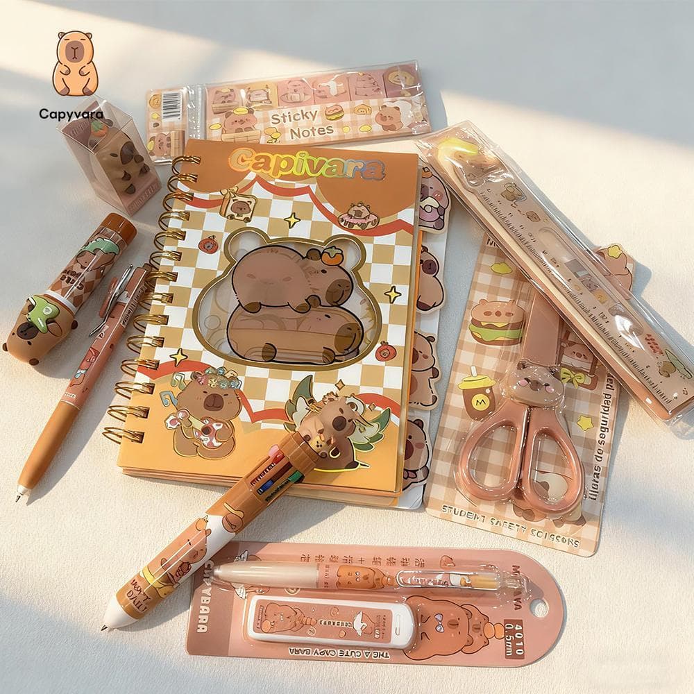 Kit Escolar Completo Capivara  | 10 Itens: Caderno + Caneta 10 Cores + Tesoura + Lapiseira | Presente Volta às Aulas