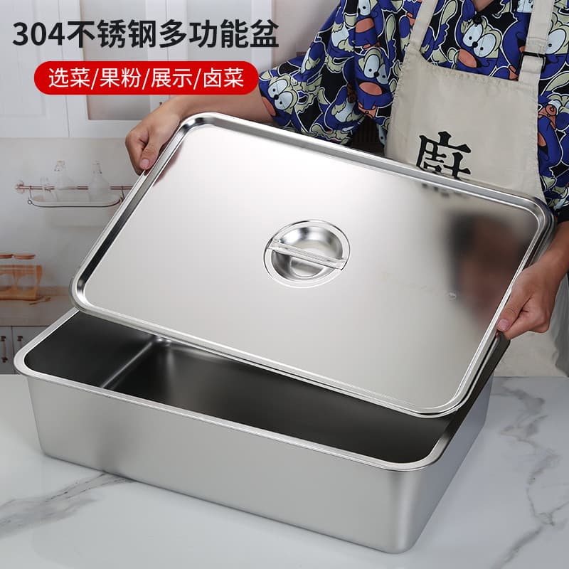 Bacia quadrada de aço inoxidável 304 de qualidade alimentar Bacia de servir retangular com fundo plano Prato de arroz co