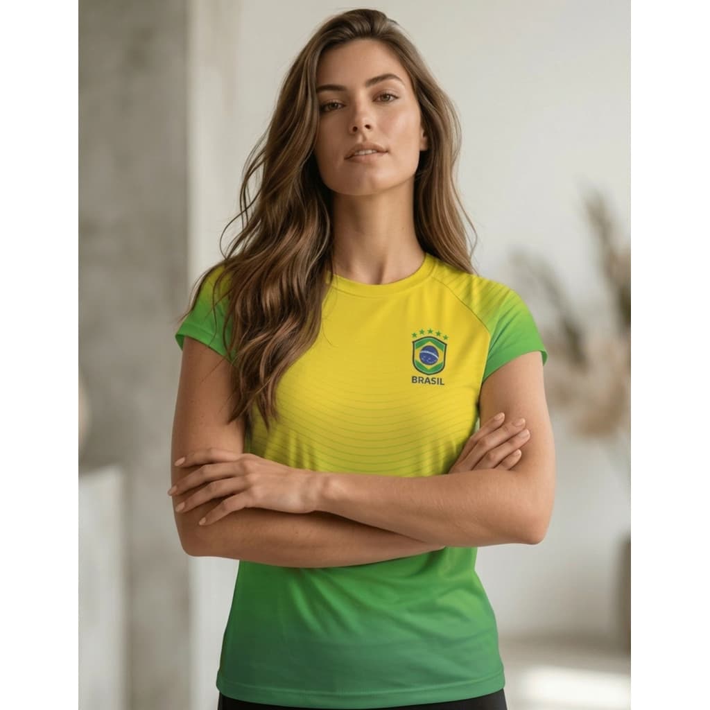 Camisa Camiseta Baby Look Feminina Brasil Seleção Brasileira Torcedor Copa Do Mundo Zegh Proteção Uv