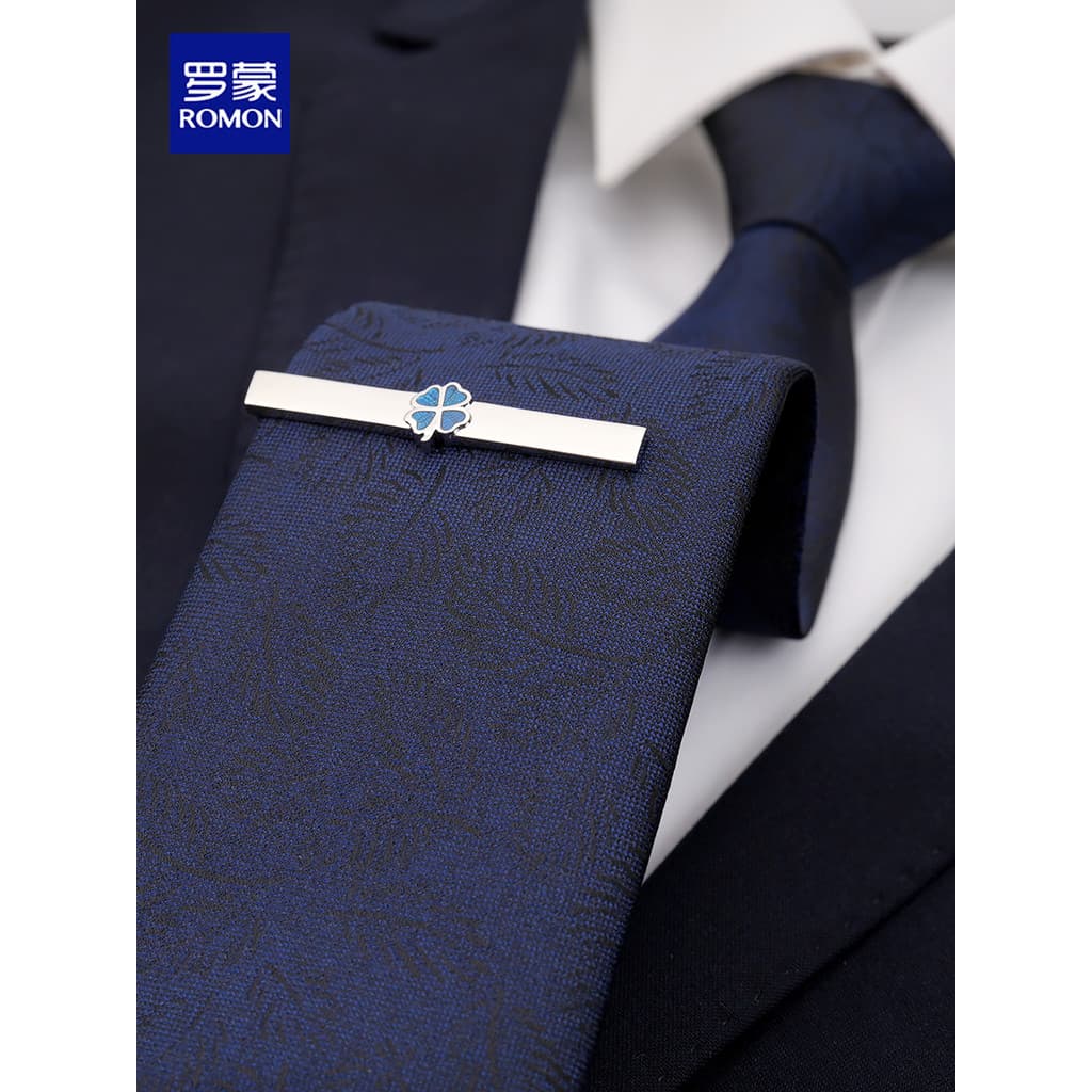 Gravata de alta qualidade masculina, roupa Formal, trevo de quatro folhas, clipe de gravata, padrão azul, zíper, tipo la