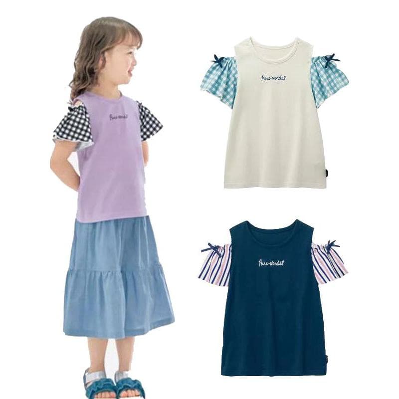Verão novo estilo meninas camiseta de manga curta contraste cor costura Bowknot decoração puro algodão estilo ocidental