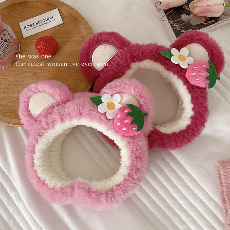 Menina rosto lavagem faixa de cabelo feminino pelúcia Hairpin bonito morango cor urso máscara especial chapelaria bandan