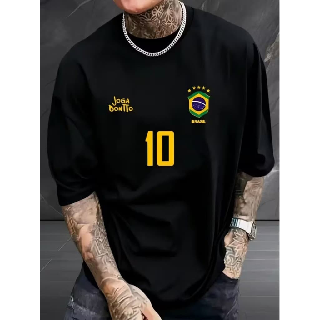 [Camiseta Premium em Algodão Puro]VU Design com Bandeira do Brasil, Número 10 e Texto "Joga Bonito", Moda Esportiva