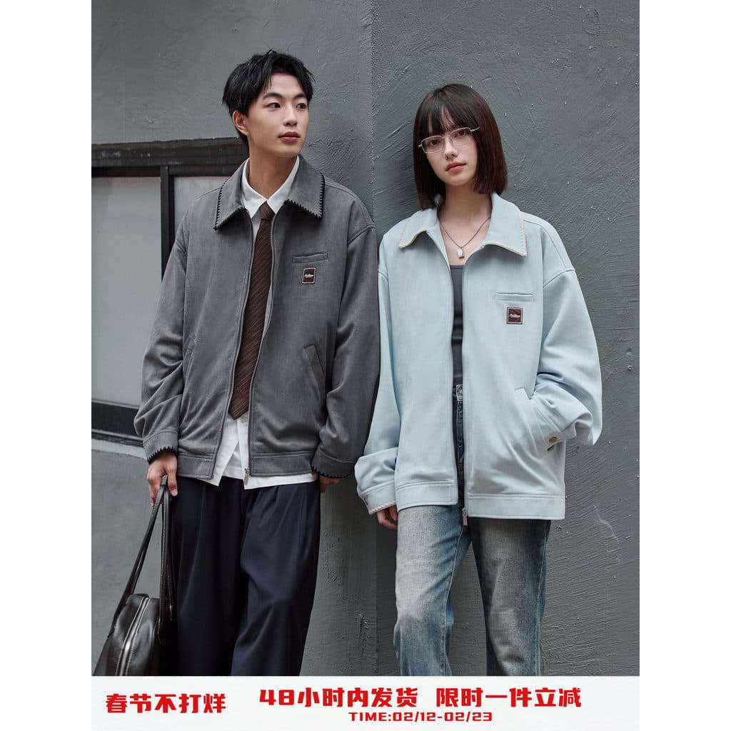 PSO marca masculina feminina escovada camurça sintética bordada lapela Casual jaqueta com zíper casaco High Street
