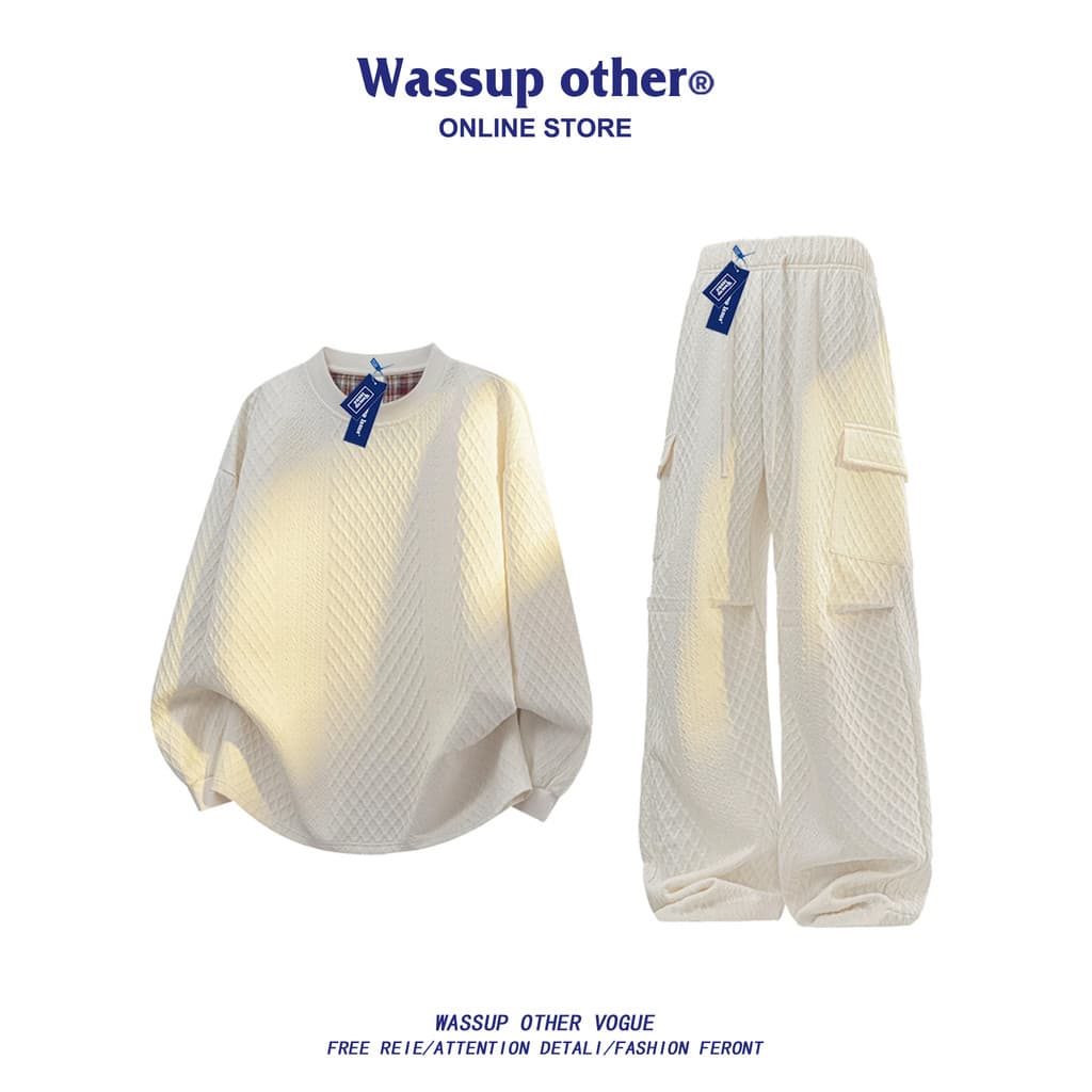 WASSUP OUTRO Americano Jacquard Em Torno Do Pescoço Moletom Masculino Primavera Outono Moda Calças Soltas Terno Casual M