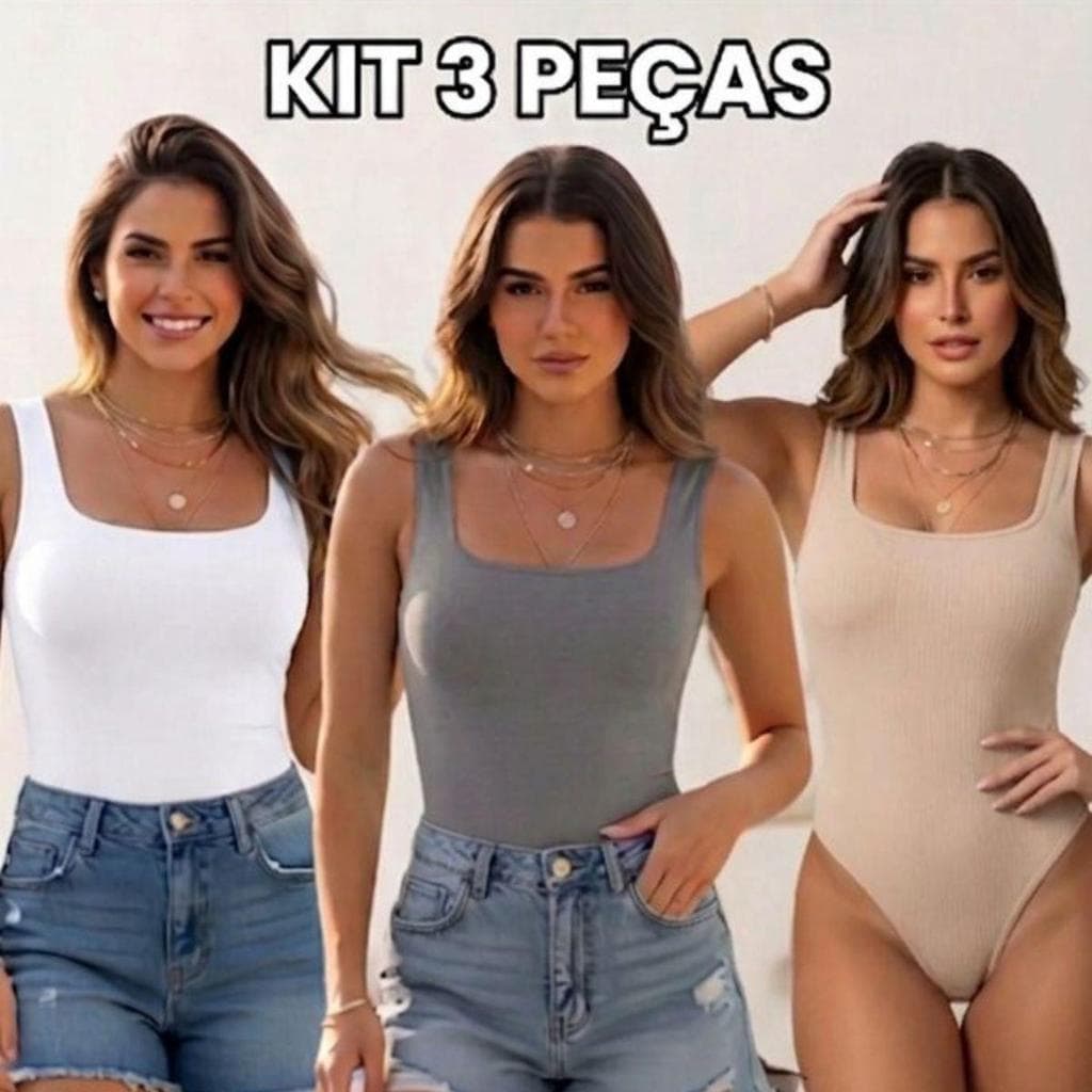 KIT TRÊS PEÇAS QUADRADO Body Feminino Decote Quadrado Tendencia Casual Conforavel