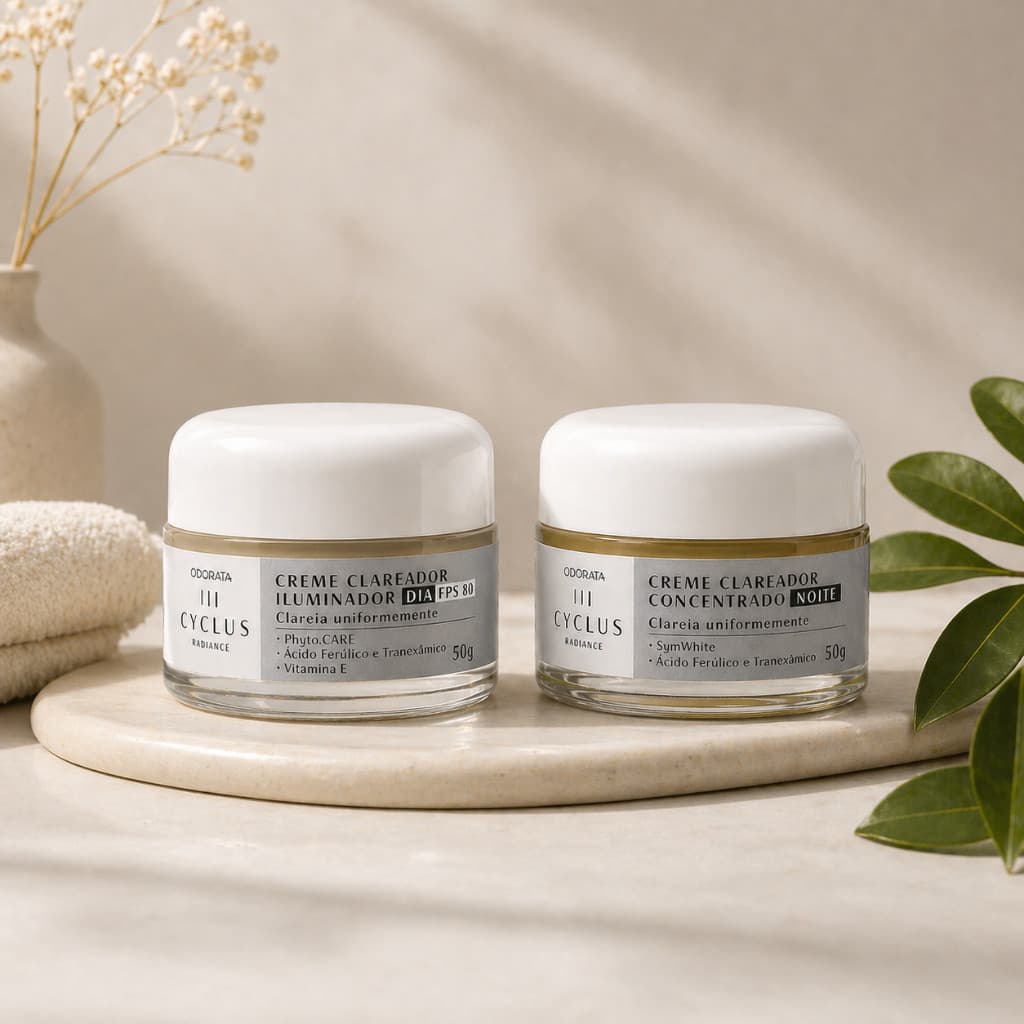 Kit Creme Clareador Iluminador Cyclus Dia FPS 80 E Noite Tratamento Facial Anti Manchas Pele Uniforme 50g Odorata