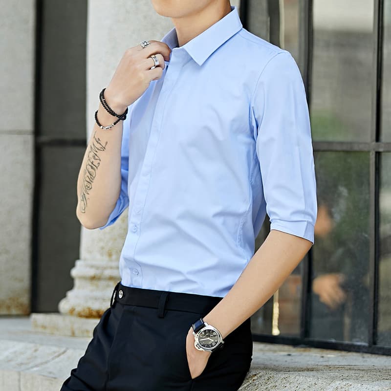 7 camisa de manga de três quartos masculina versão coreana na moda verão fino manga média Casual fino ajuste camisa bran