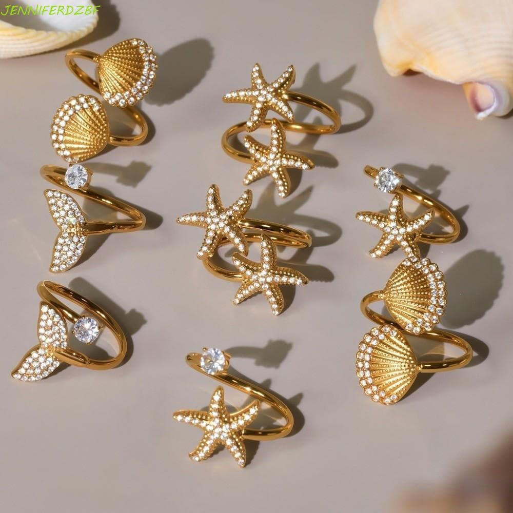 JENNIFERDZBF Anel De Dedo Com Concha De Estrela Do Mar Cauda De Peixe , Joia Zircônia Cúbica De Aço Inoxidável , Requint