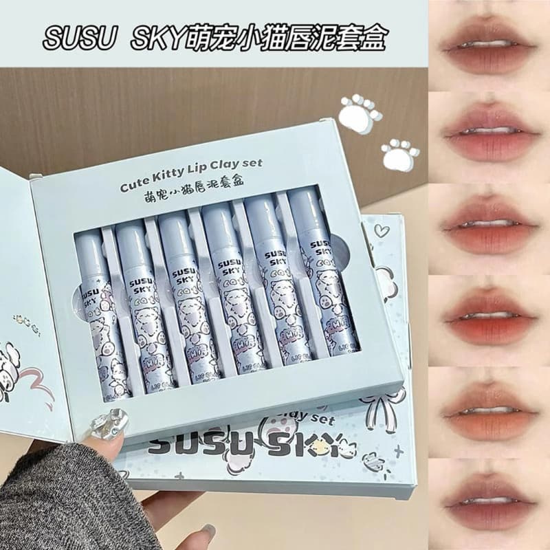 [Conjunto de seis peças] Conjunto de lama labial fofo fofo para gatinho de estimação caixa fosca fosca esmalte labial es