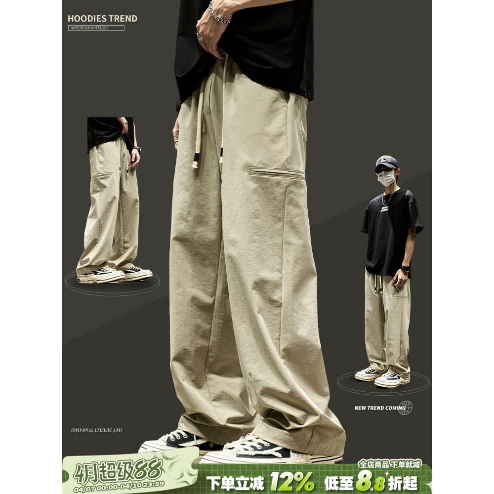 Macacão masculino verão americano Retro Casual em linha reta calças de perna larga Street Wear solto estilo fino de seca