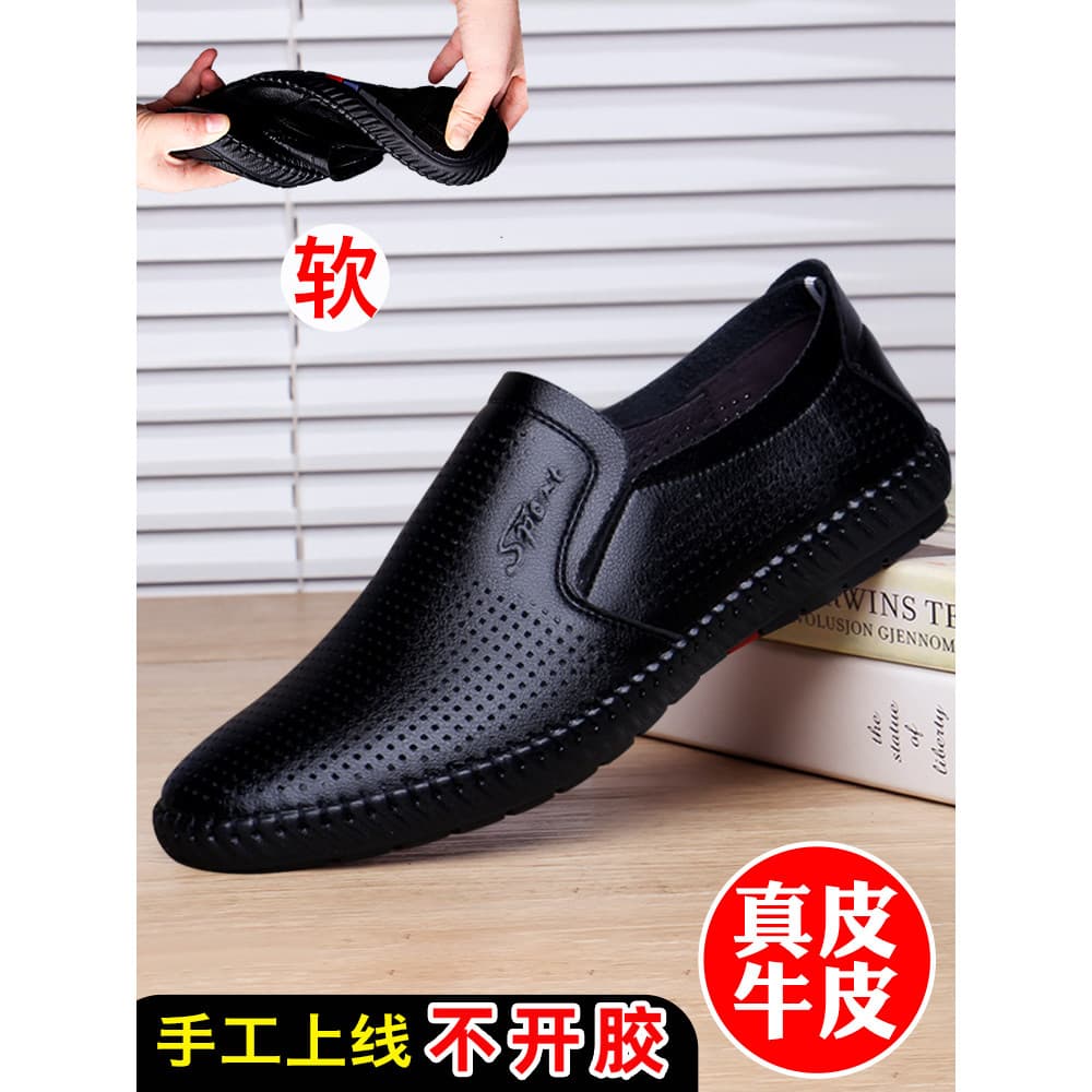 Sandálias masculinas de couro genuíno Casual sandálias de couro macio-sola oco sapatos de couro masculino verão respiráv