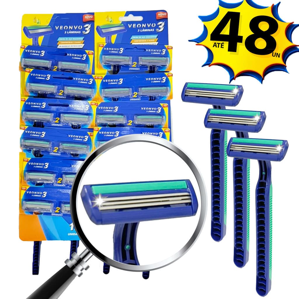 Barbeador Descartável com 3 Lâminas Veonvo VN003 – Cartela Econômica com 12 ou 24 Unidades