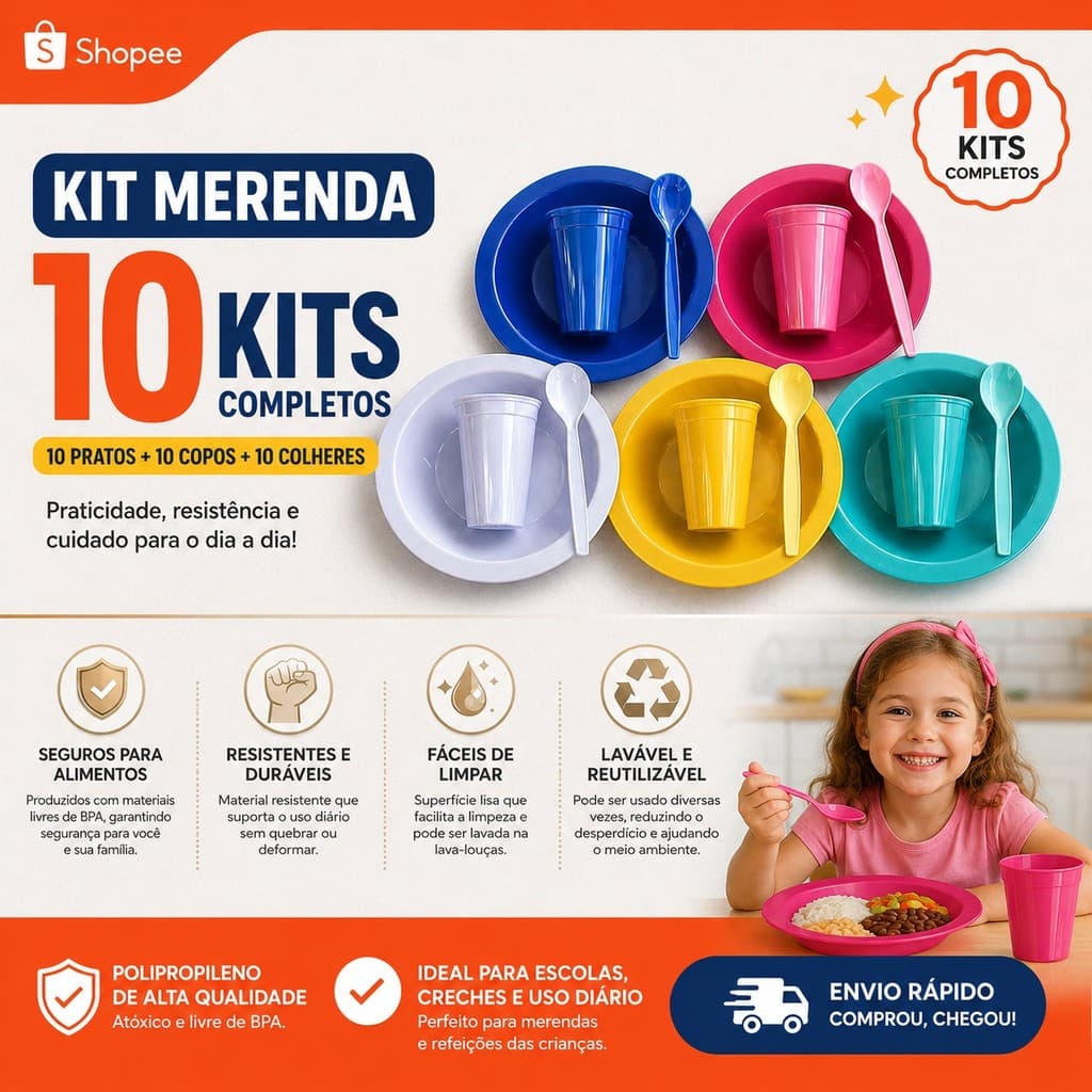 10 kits refeição lanche merenda aniversario escola cozinha infantil colorido reforçado não quebra